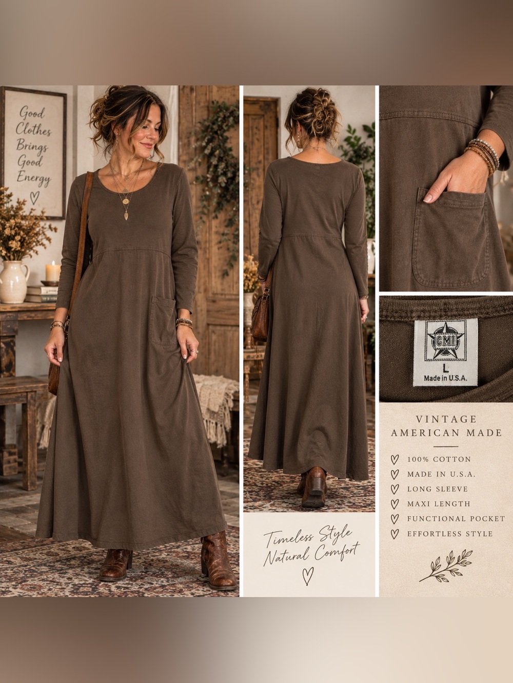 Vintage CMI Brown Cotton Maxi Dress L Made USA Boho 90s Cottagecore